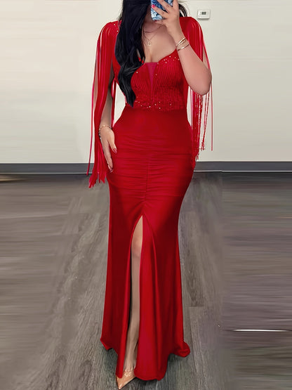 Damen Elegantes Abendkleid mit Fransen und Schlitz – Perfekt für festliche Anlässe