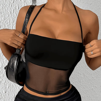 Damen Halterneck Party Mesh Crop Top – Eleganter Clubwear Look
