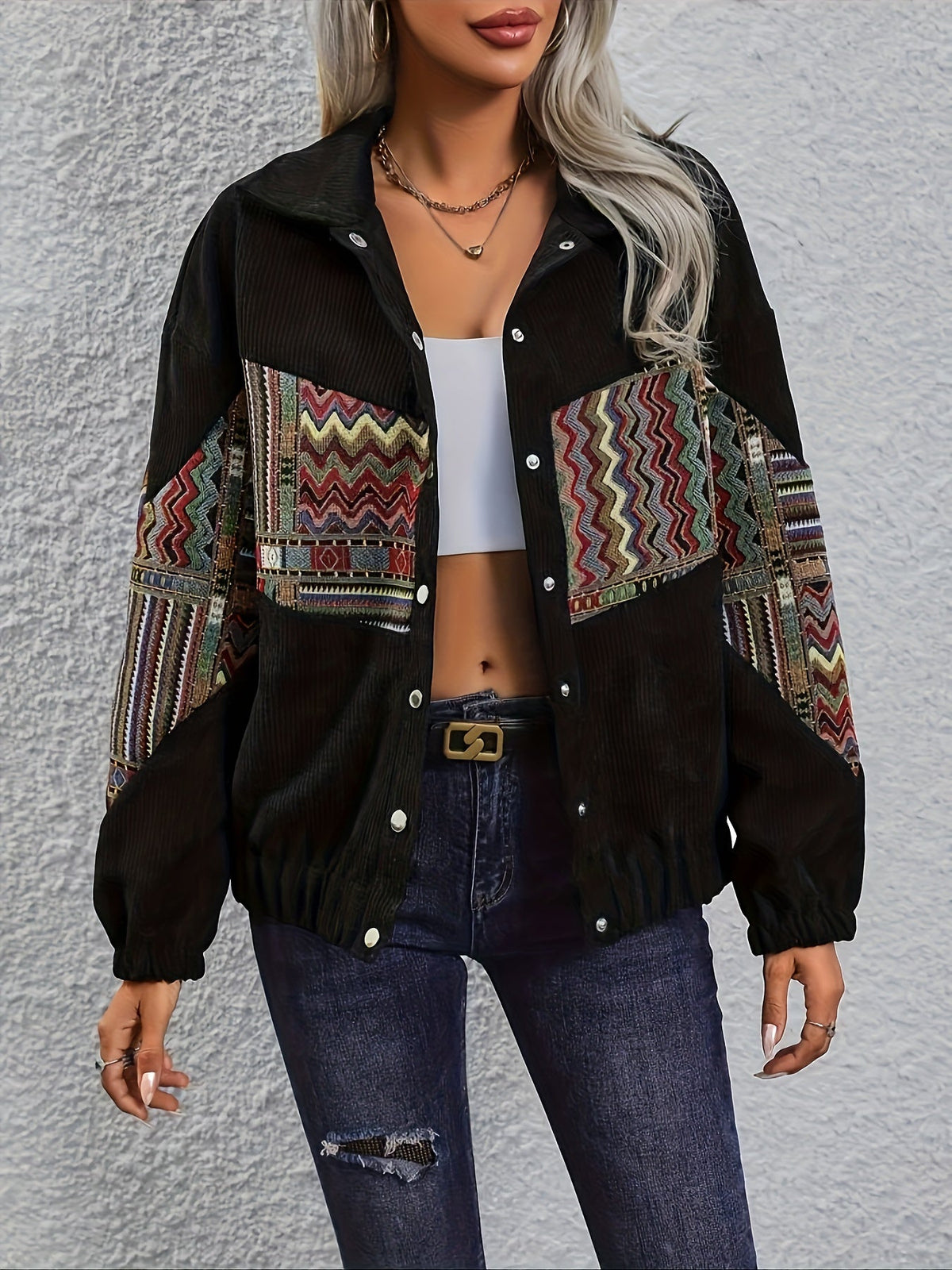 Damen Cordjacke Schwarz mit bunten Mustereinsätzen Jacke