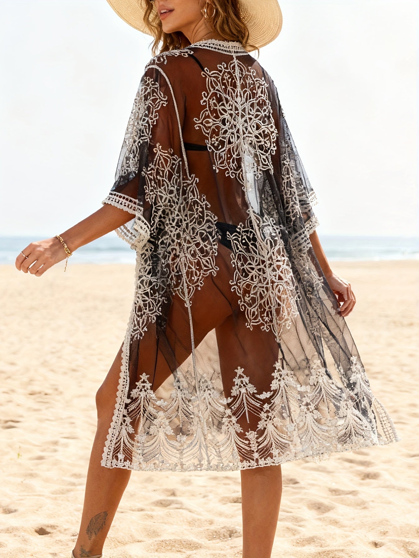 Damen Strand Kimono Bestickt – Boho Cover-Up für den Strandurlaub