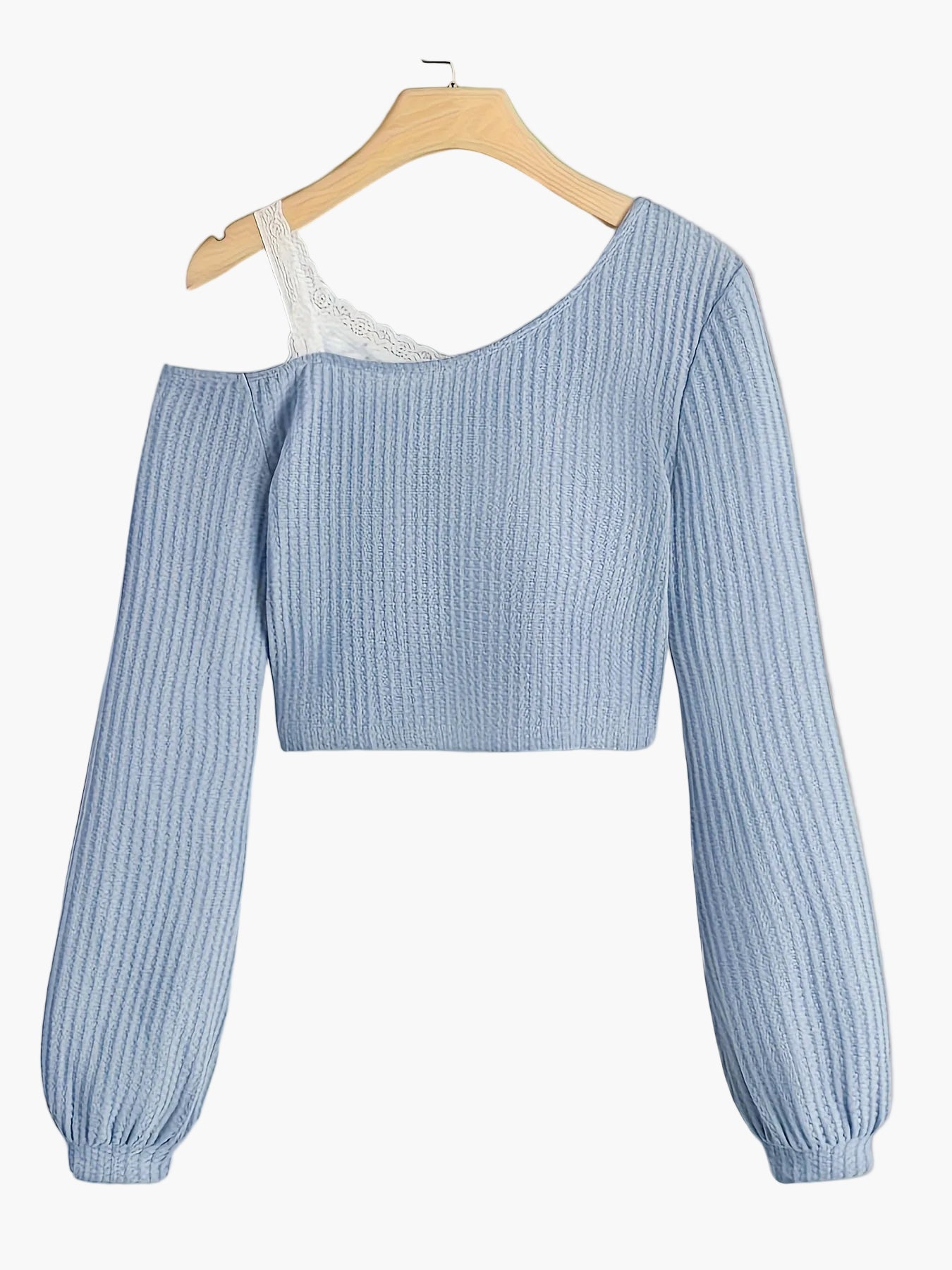 Damen Off-Shoulder Strickpullover mit Spitzen-Detail – Modischer Cropped Sweater für Alltag und Freizeit