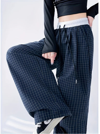 Damen Weite Karierte Freizeithose mit Elastischem Bund – Streetstyle & Komfort für Alltag und Freizeit