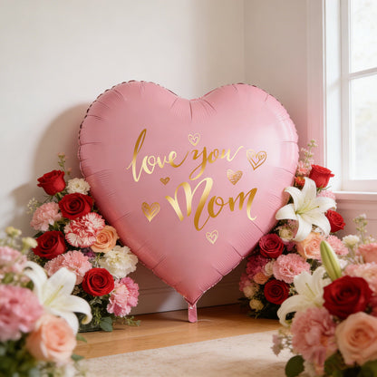 Herzförmiger XXL-Folienballon mit „Love You Mom“-Schriftzug – Stilvolle Muttertagsdeko für Damen