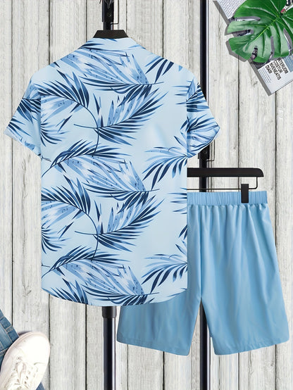Herren Sommer Freizeit Set – Kurzarm Hemd mit Palmenmuster und Shorts – Perfekt für Urlaub & Strand