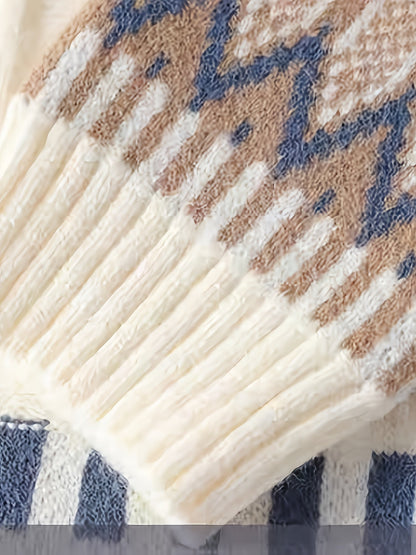 Cremefarbener Grobstrick Pullover mit Rundhalsausschnitt und gemustertem Saum