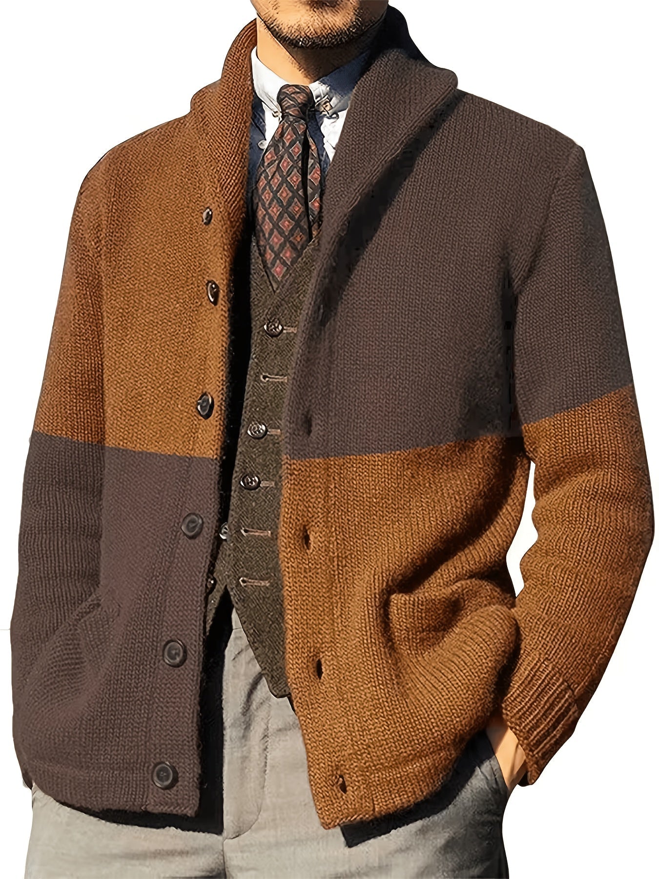 Herren Strickjacke mit Schalkragen, Zweifarbig, Knopfleiste, Lange Ärmel