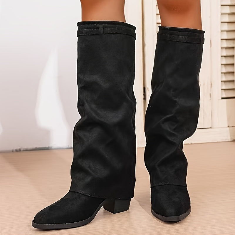 Damen Schlupfstiefel Wildleder-Optik Braun Kniehoch mit Blockabsatz
