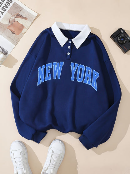 Damen Sweatshirt Marineblau mit Kragen und "NEW YORK" Schriftzug