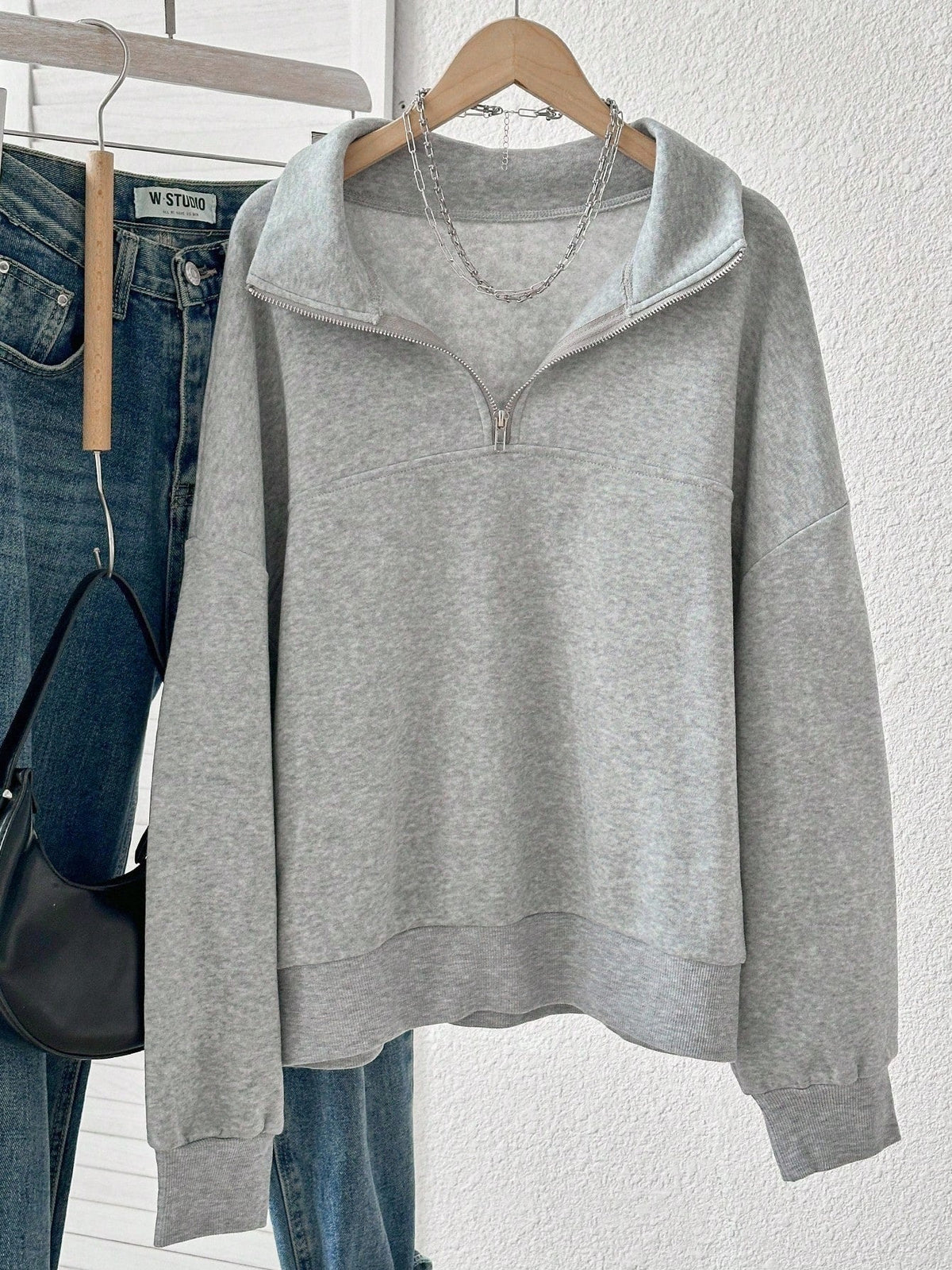 Damen Sweatshirt Grau mit Reißverschlusskragen Lange Ärmel Lässiger Pullover