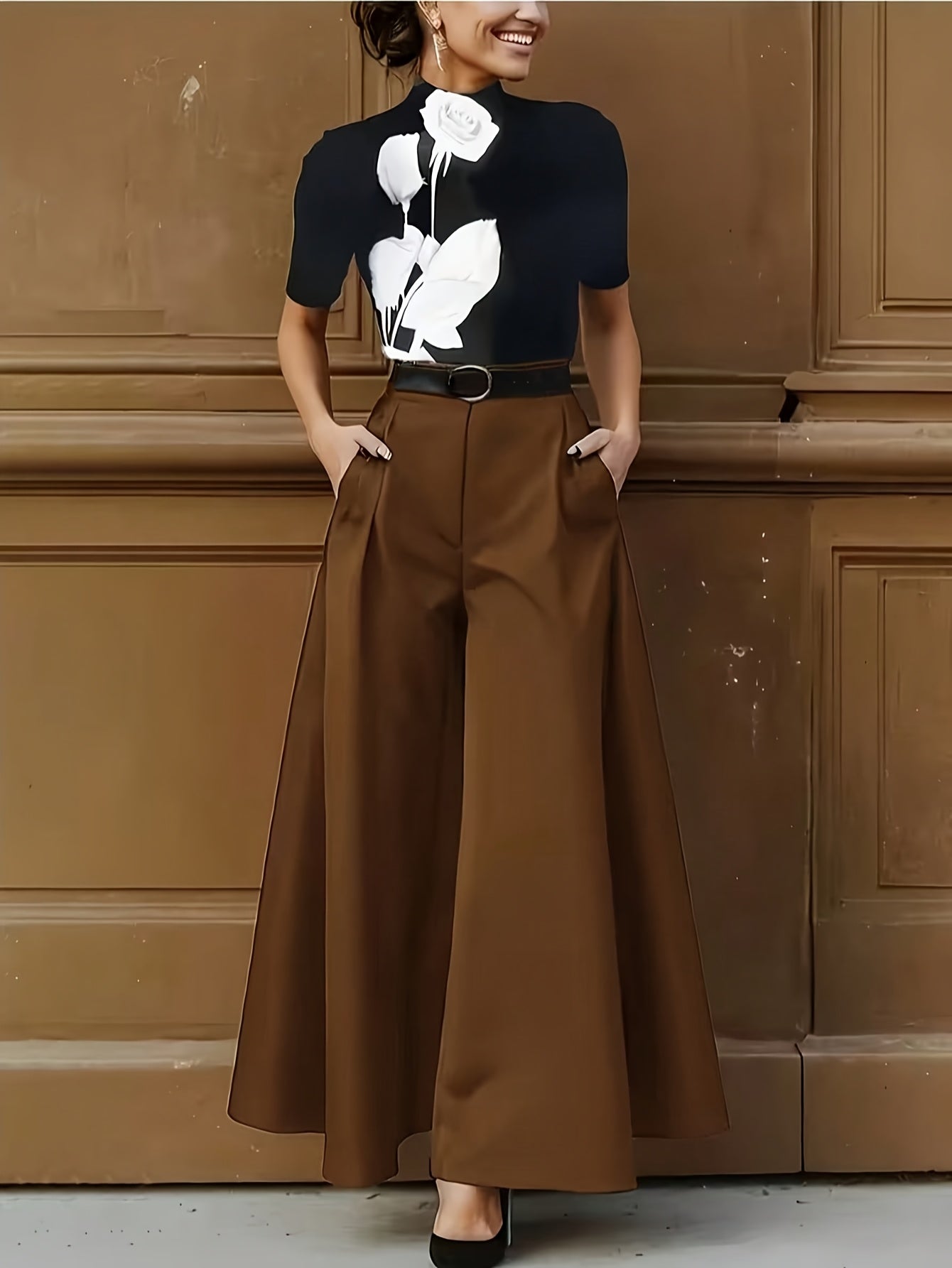 Damen Elegante Weite High Waist Palazzo Hose – Stilvolle Business & Freizeit Culotte mit Gürtel