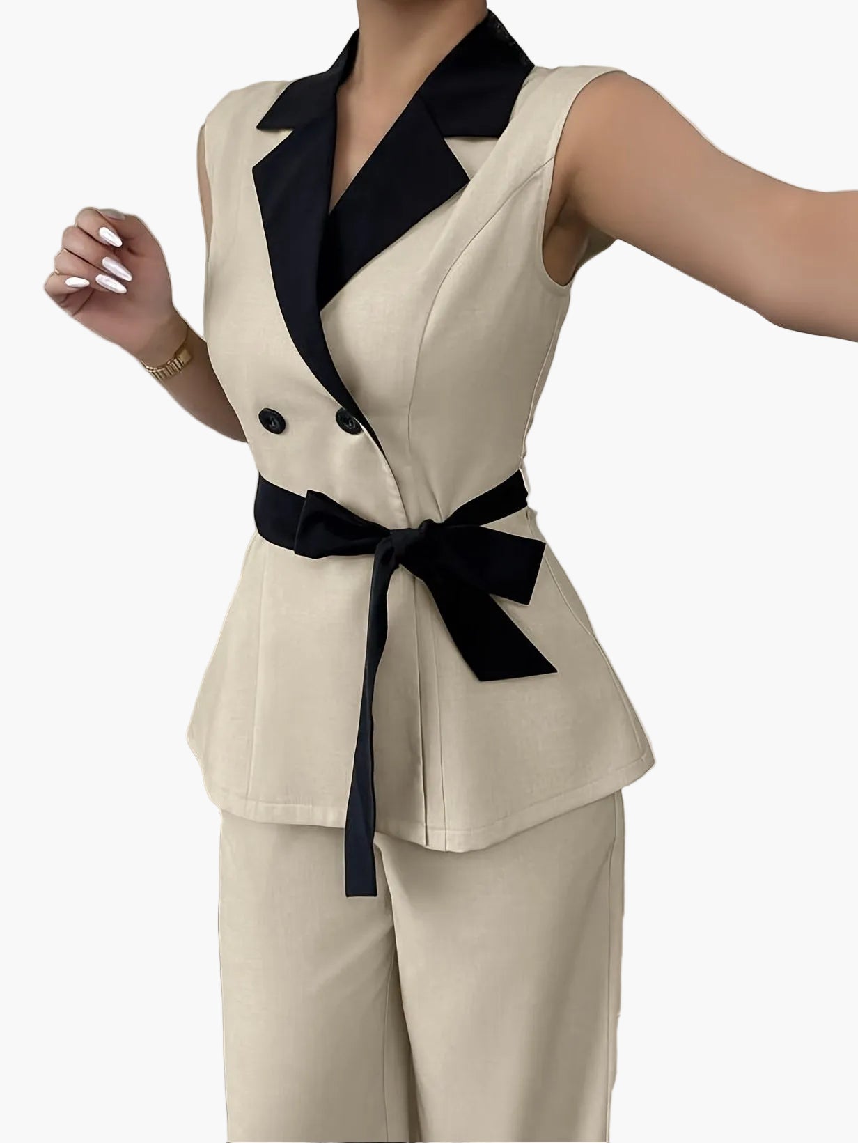 Damen Business Anzug Set – Elegantes ärmelloses Blazer-Top mit Gürtel und weiter Hose, ideal für Büro und Alltag