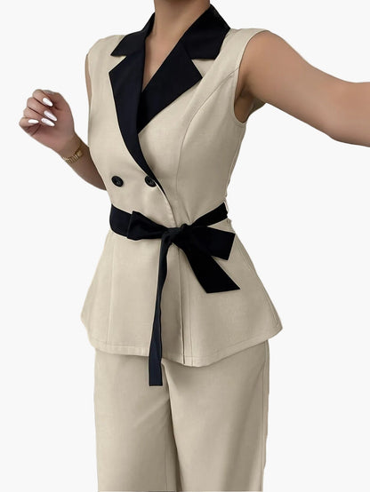 Damen Business Anzug Set – Elegantes ärmelloses Blazer-Top mit Gürtel und weiter Hose, ideal für Büro und Alltag