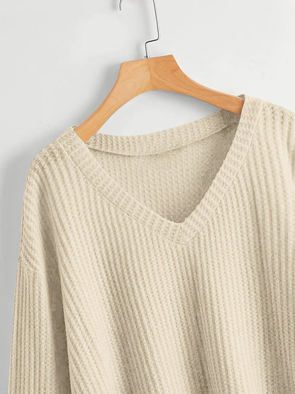 Damen Crop Pullover V-Ausschnitt Langarm Waffelstruktur Schwarz