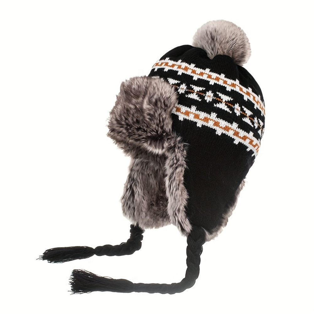Winter Bommelmütze mit Ohrenklappen Strick & Kunstfell Norwegermuster