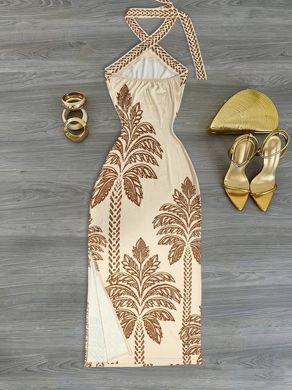 Damen Elegantes Neckholder Kleid mit Palmenmuster und Schlitz – Perfekt für Abendveranstaltungen
