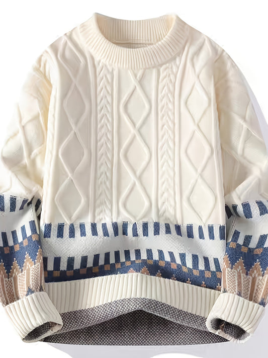 Cremefarbener Grobstrick Pullover mit Rundhalsausschnitt und gemustertem Saum