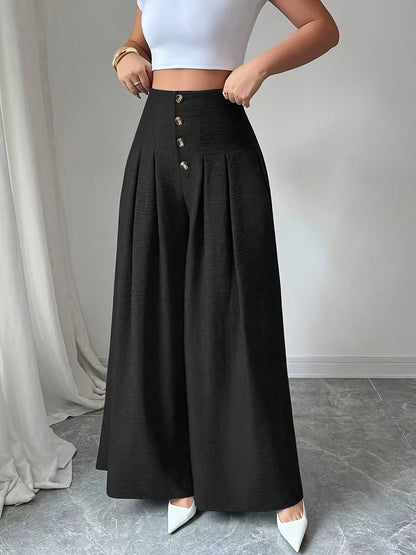 Damen Weitbeinige High-Waist Hose mit Knopfdetail und Eleganten Falten – Modische Business- und Freizeit-Hose