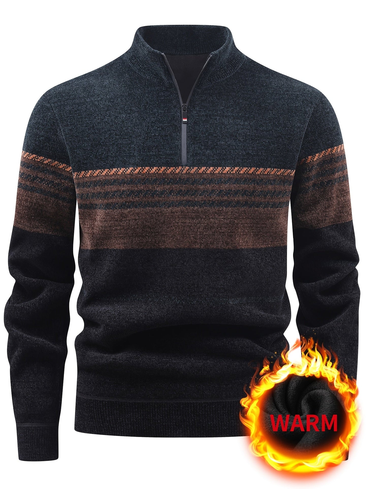 Herren Pullover Halb-Reißverschluss Stehkragen gestreift Fleece-Futter
