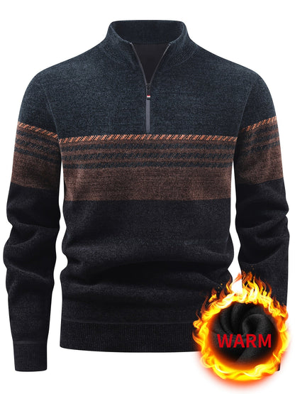 Herren Pullover Halb-Reißverschluss Stehkragen gestreift Fleece-Futter