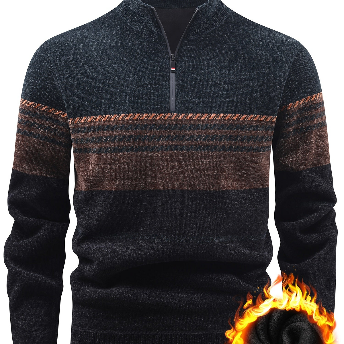 Herren Pullover Halb-Reißverschluss Stehkragen gestreift Fleece-Futter