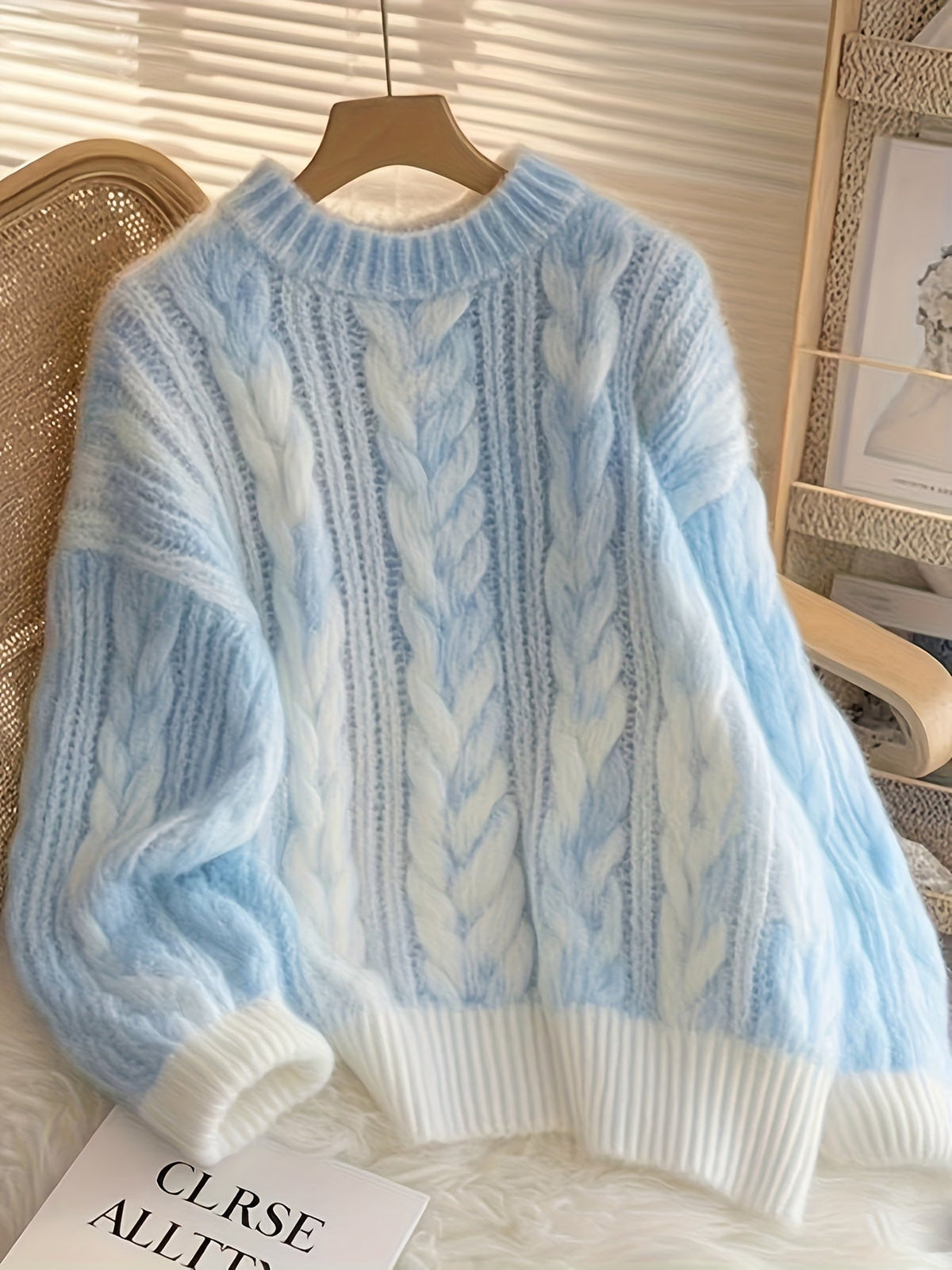 Damen Grobstrickpullover Hellblau Weiß Zopfmuster Rundhals Weicher Pullover
