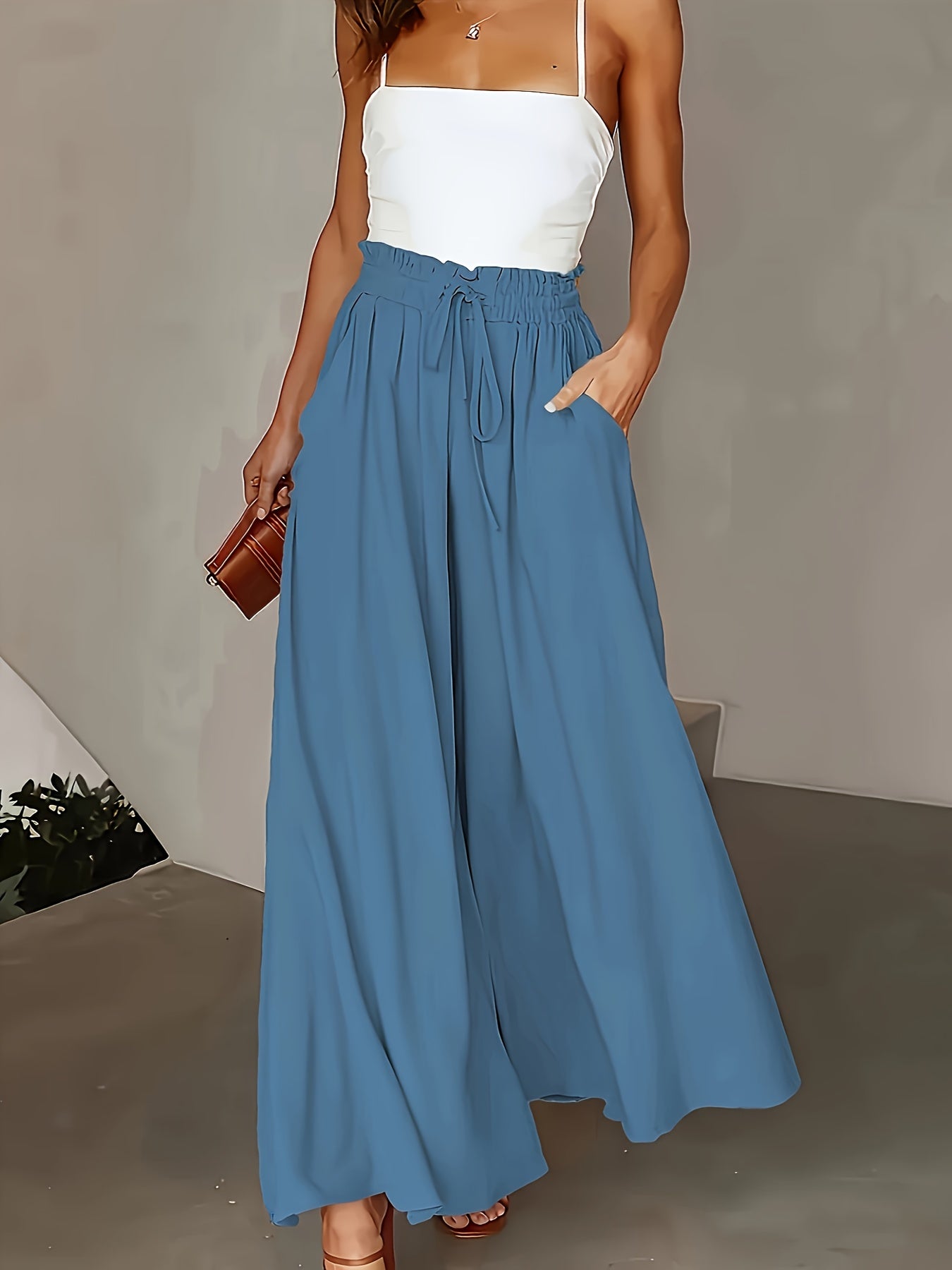 Damen Weite Bein Palazzo Hose mit Hohem Bund und Kordelzug – Eleganter Sommerlook für Freizeit und Alltag