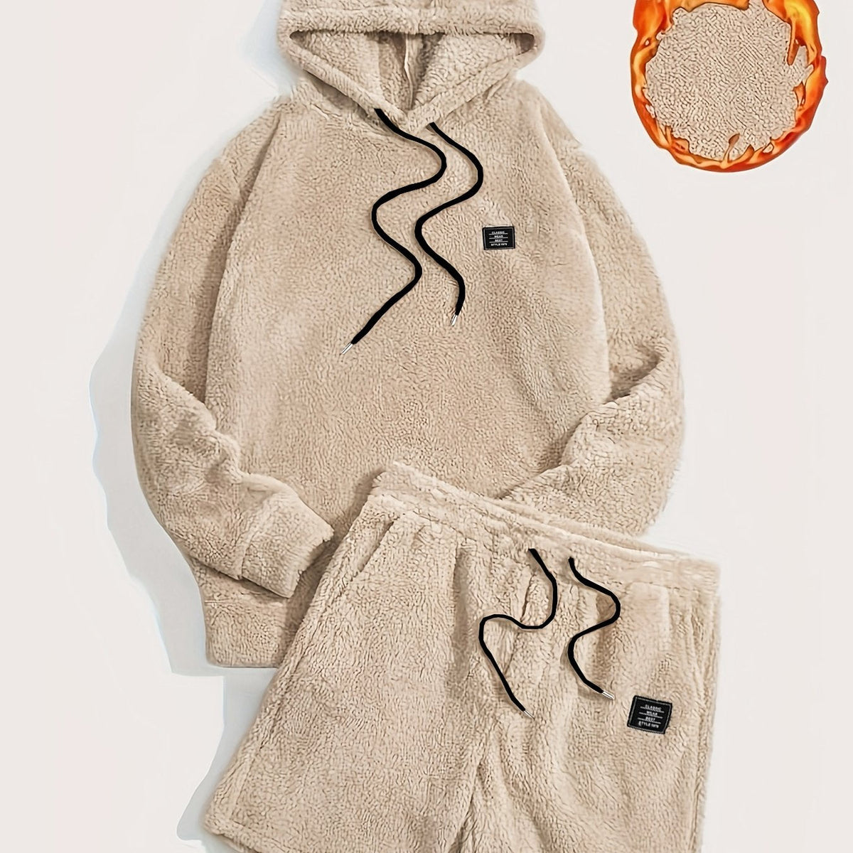 Unisex Teddy-Fleece Hoodie & Shorts Set mit Kapuze und Kordelzug
