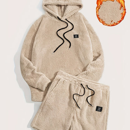 Unisex Teddy-Fleece Hoodie & Shorts Set mit Kapuze und Kordelzug