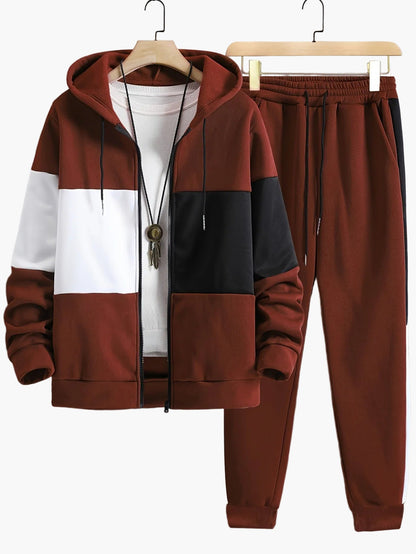 Herren Trainingsanzug Set mit Kapuzenjacke – Patchwork, Casual, Sport & Freizeit