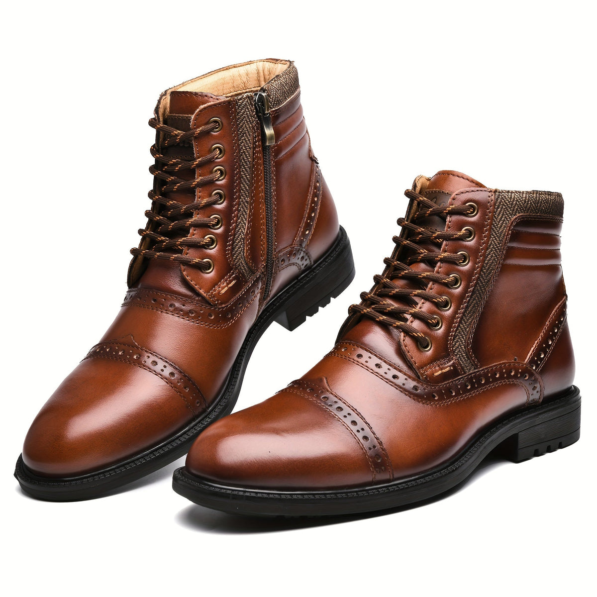 Herren Stiefeletten zum Schnüren, Braun, mit Brogue-Details und Reißverschluss