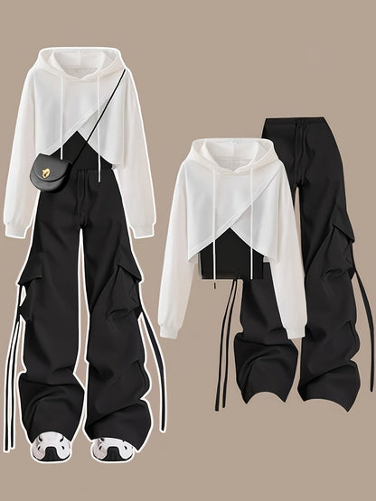 Damen Hoodie Crop Top Set Weiß Schwarz mit Cargo Hose und Kordelzug
