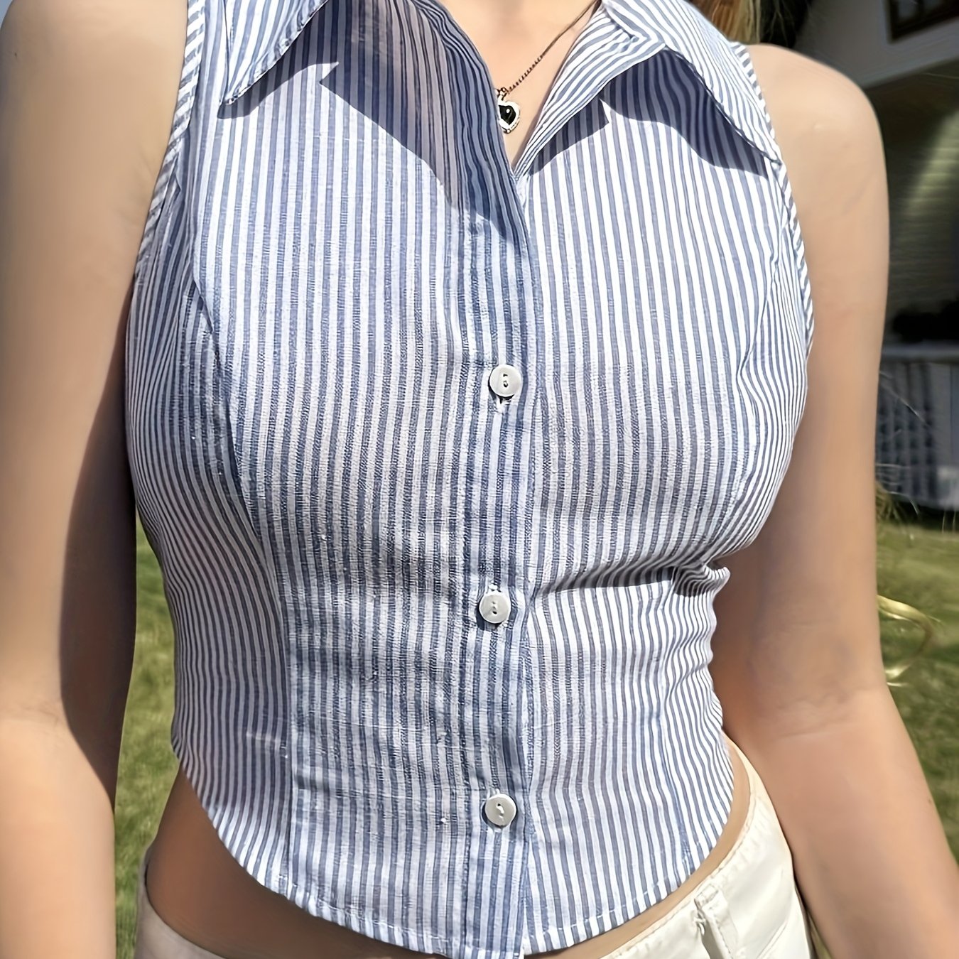 Damen ärmellose Bluse mit Streifen und taillierter Passform – Modernes, elegantes City-Outfit
