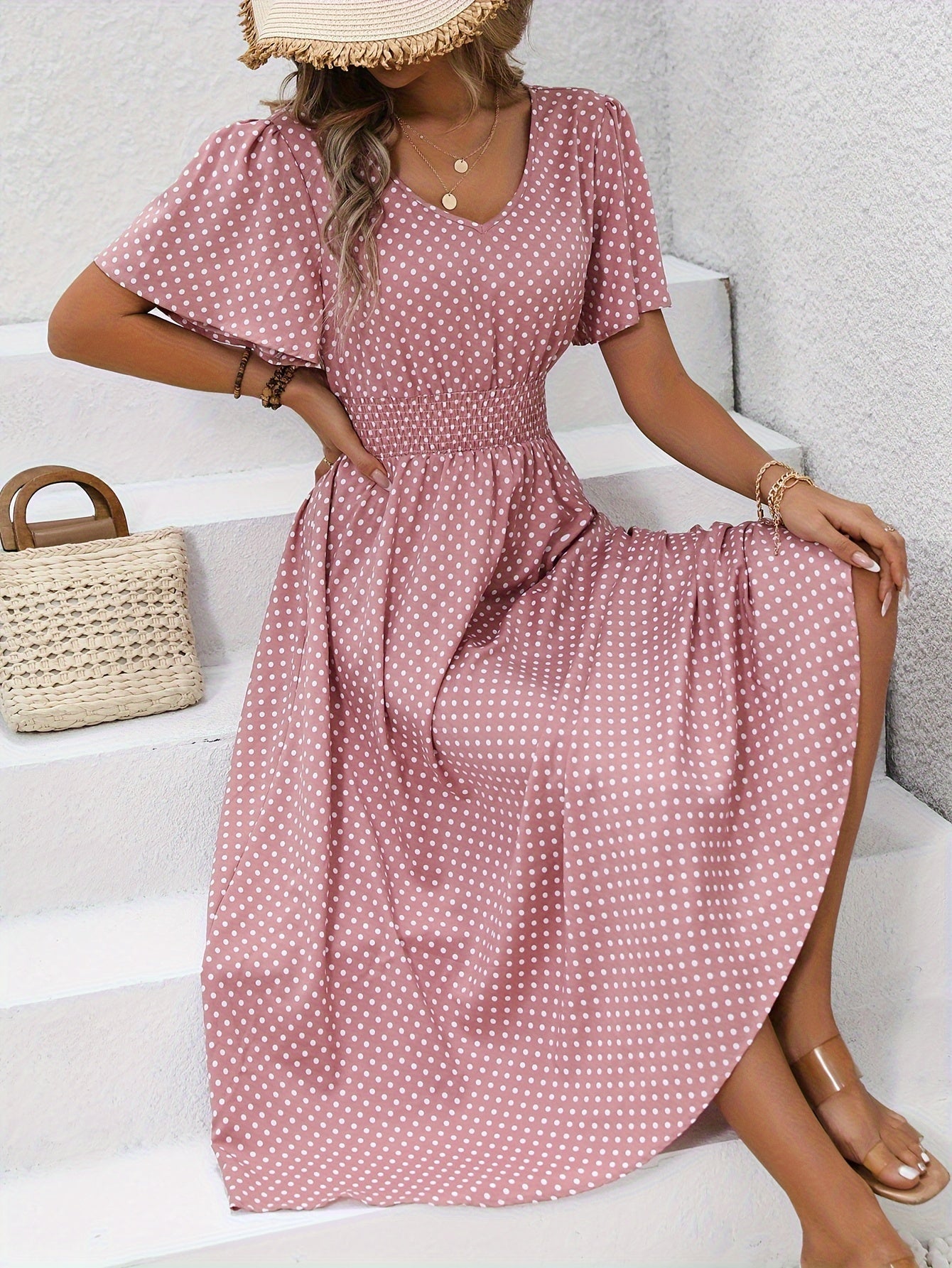 Damen Polka Dot Sommerkleid mit V-Ausschnitt – Elegantes Freizeit Maxikleid