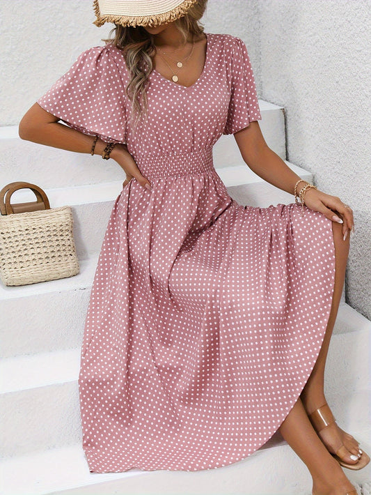 Damen Polka Dot Sommerkleid mit V-Ausschnitt – Elegantes Freizeit Maxikleid