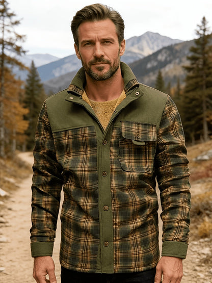 Herren Hemdjacke Grün Kariert mit Sherpa-Futter und Cord-Details