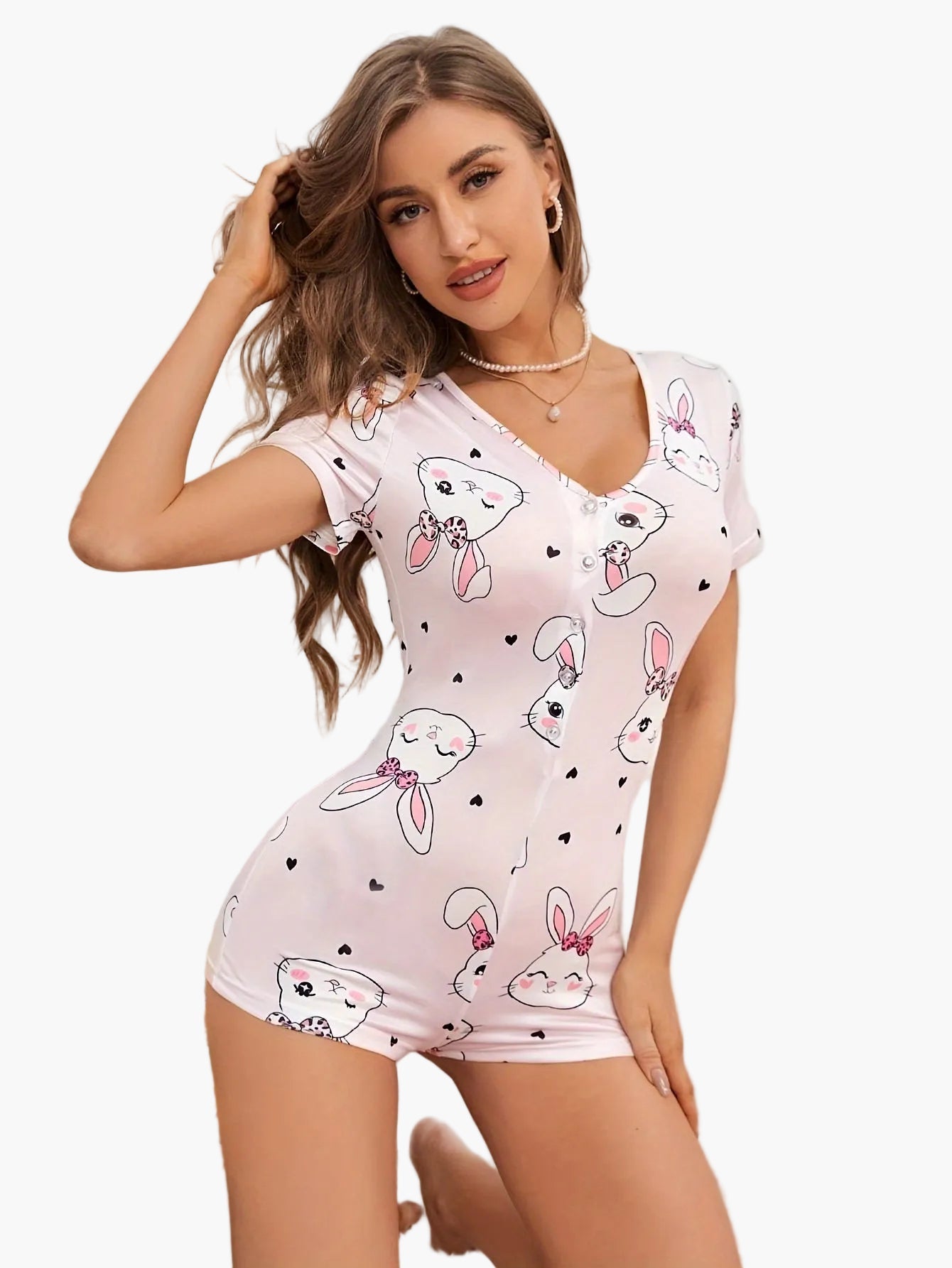 Damen Kurzarm Romper mit süßem Hasen-Print – Bequemer Einteiler für Zuhause oder Schlafanzug
