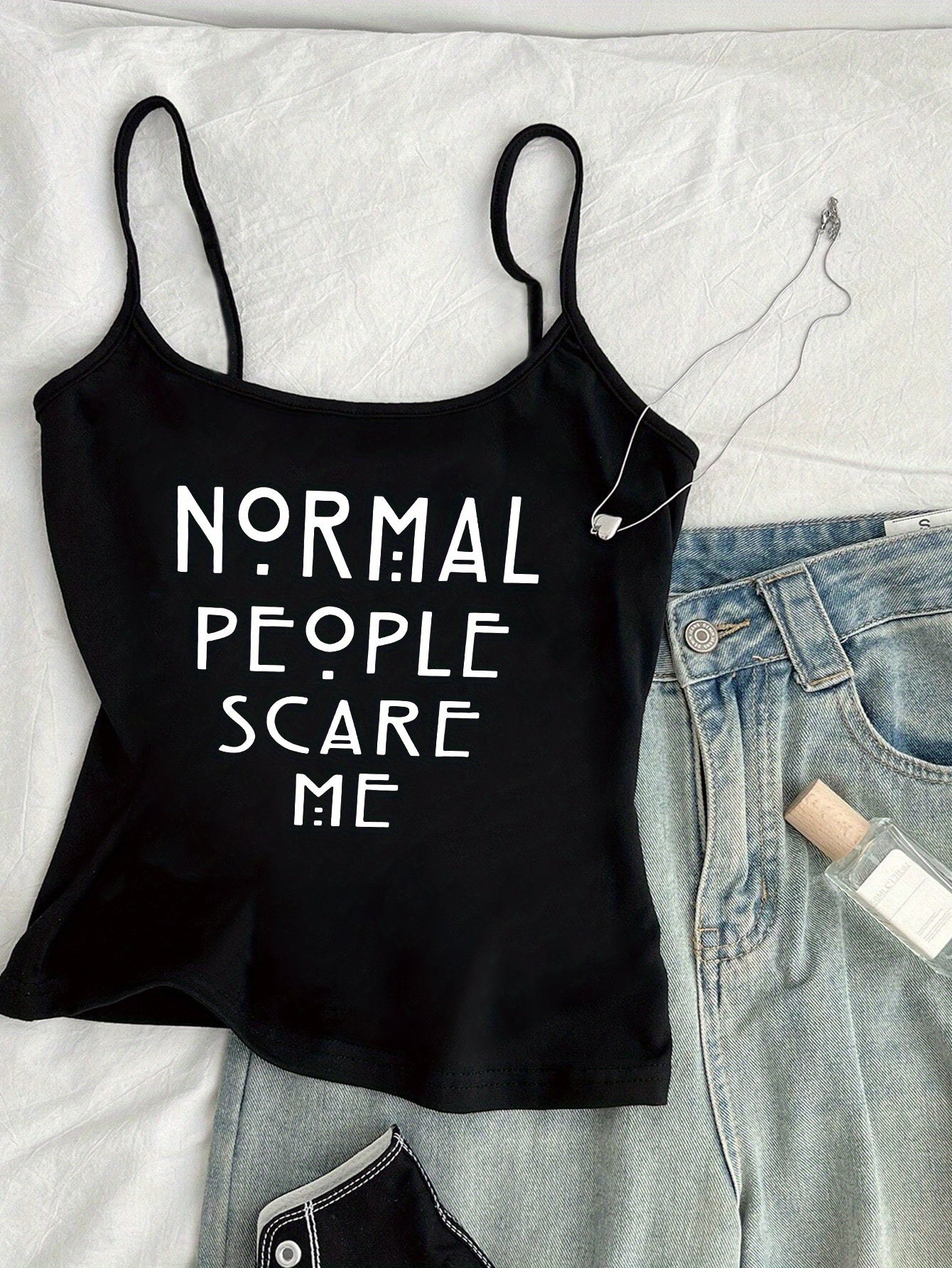 Damen Statement Tanktop mit Print – Normal People Scare Me – Modisches Streetwear Top