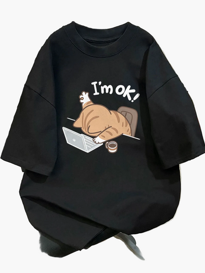 Damen T-Shirt mit lustigem Katzenmotiv und Spruch – Lockeres Streetwear für Alltag und Freizeit