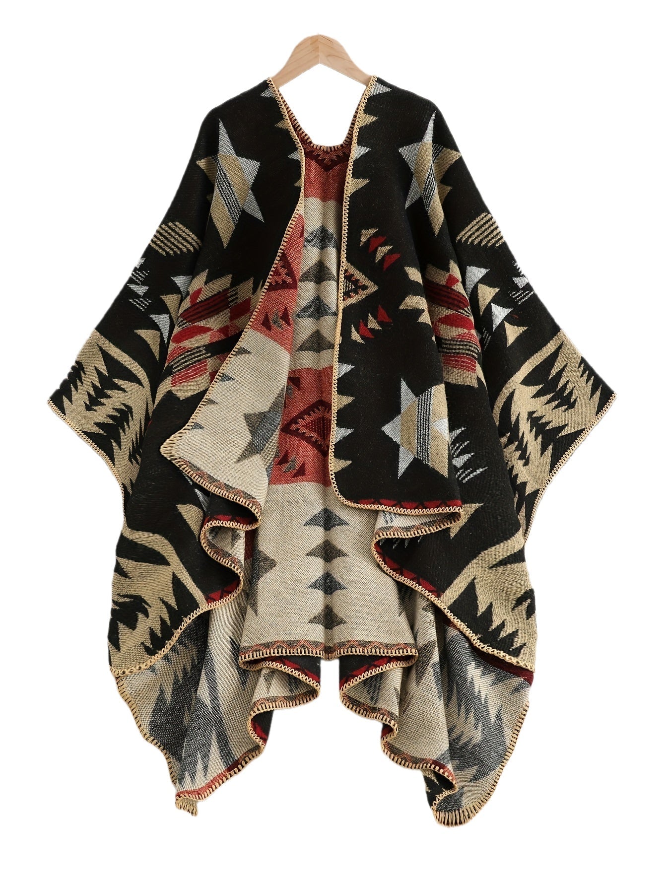 Damen Poncho Cape mit offenem Schnitt und geometrischem Muster – Boho Stil für Freizeit und Alltag