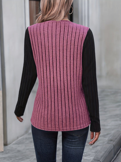Damen Langarmshirt Gerippt Kontrastärmel Knopfdetails Rundhals