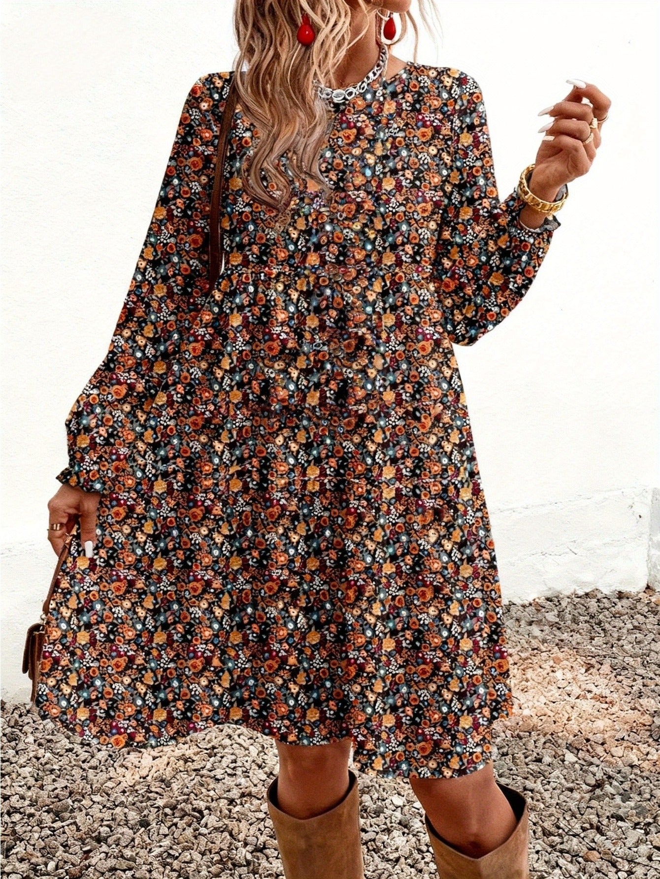 Damen Boho Freizeitkleid mit Blumenmuster und langen Ärmeln – Chic für Alltag und Ausgehen