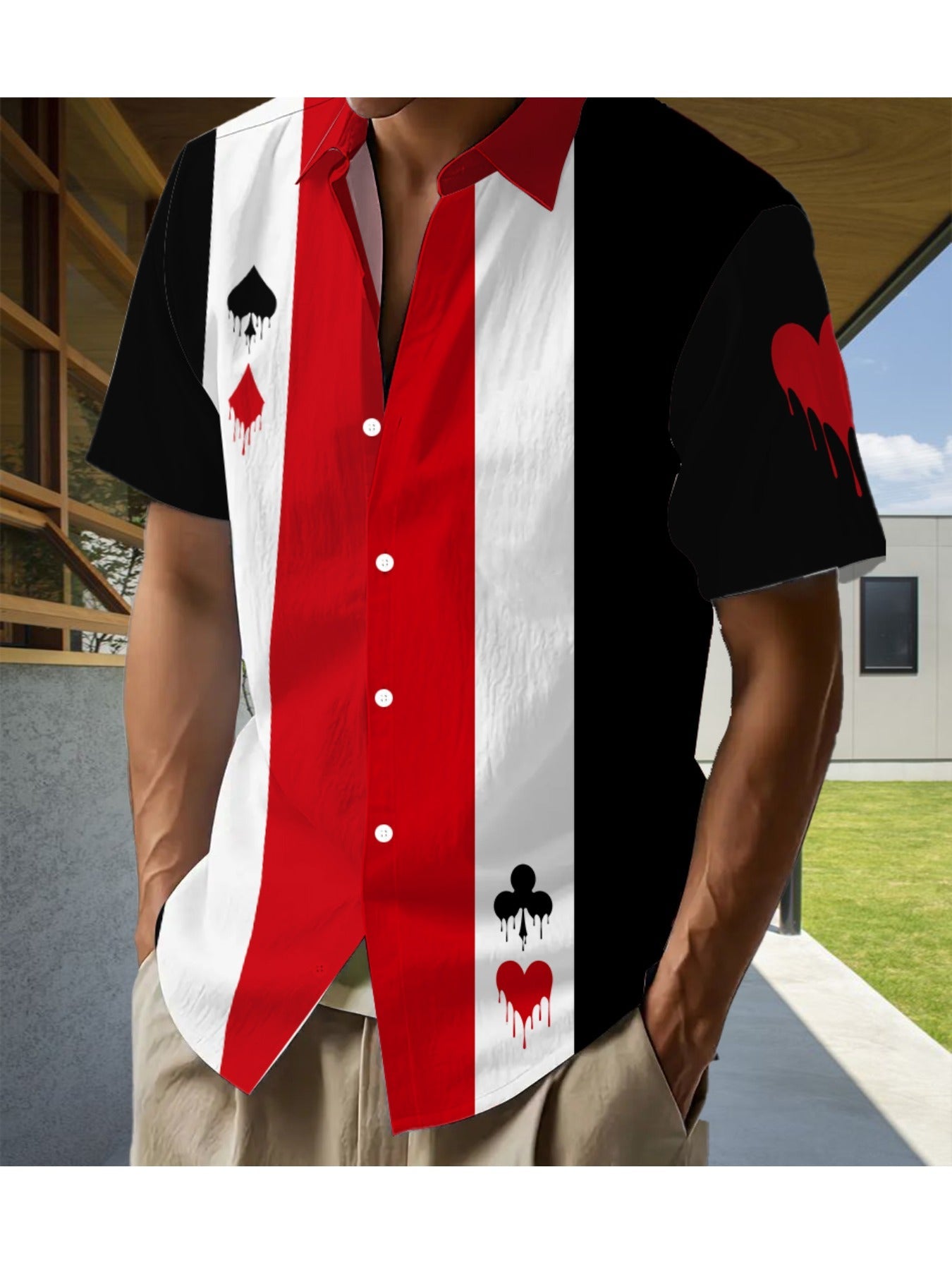 Herren Freizeit Hemd mit Spielkarten-Motiv und modernem Print – Kurzarm, Knopfleiste, auffälliger Style