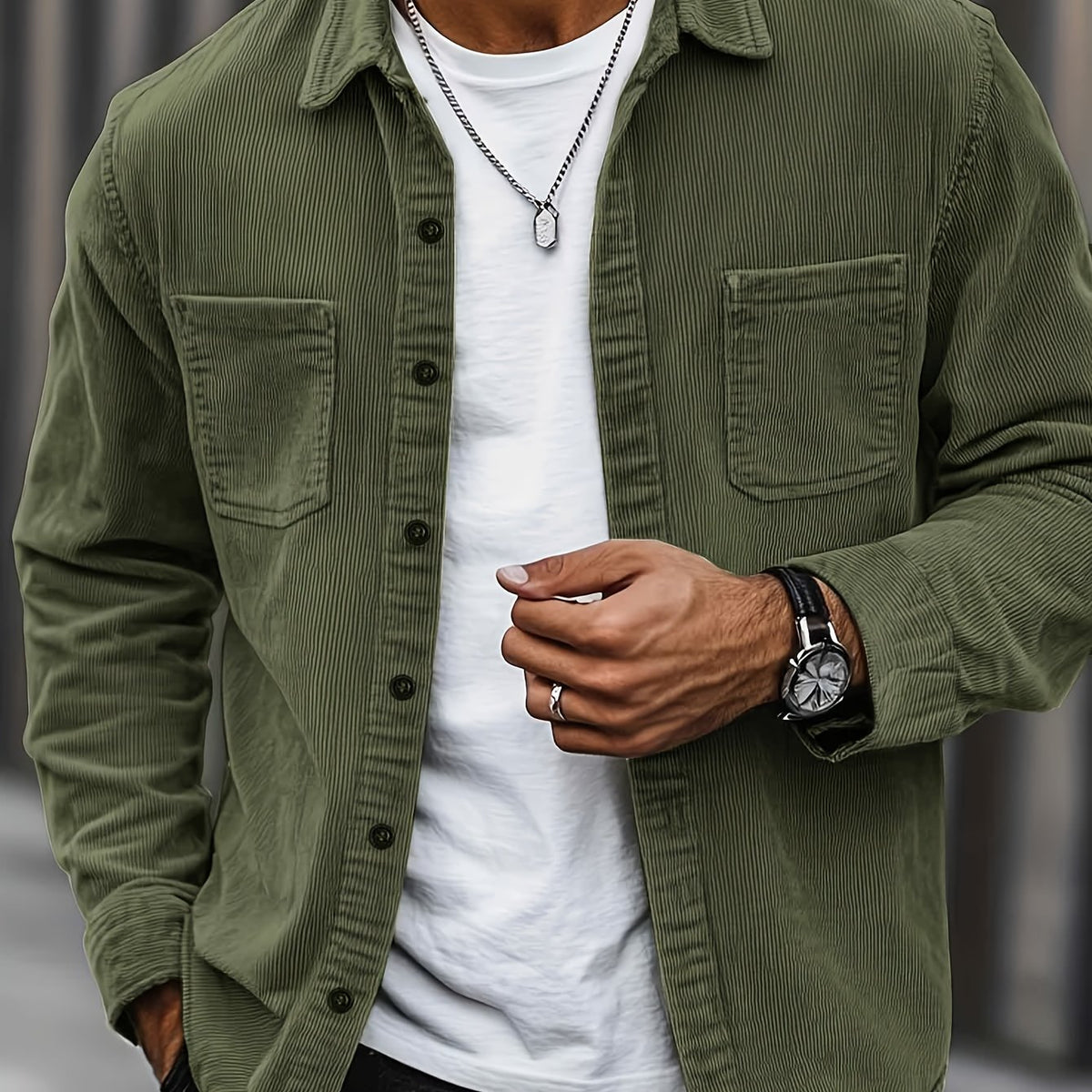 Herren Cordhemd Overshirt mit zwei Brusttaschen Langarm Freizeithemd