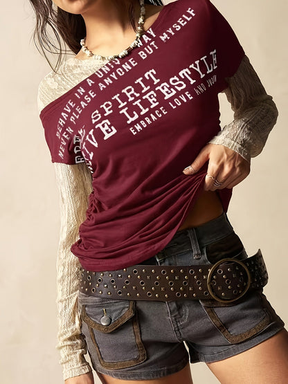 Damen Off-Shoulder T-Shirt mit Schriftzug & geraffter Taille