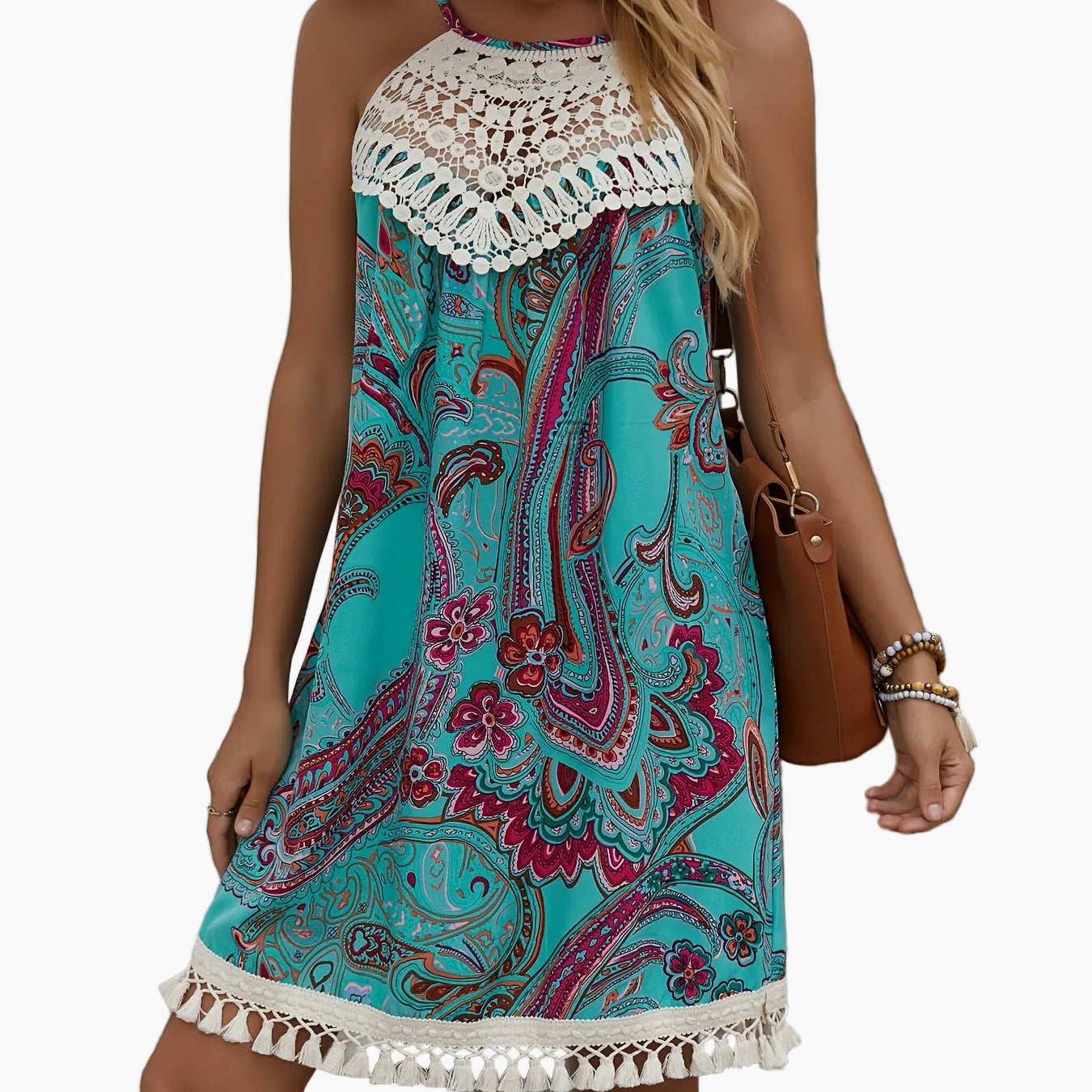 Damen Sommer Tunika Kleid im Boho-Stil mit Häkelspitze – Elegante Freizeitmode