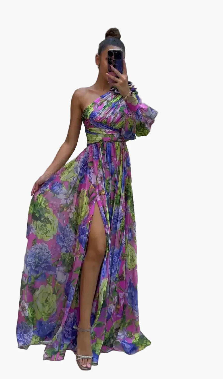 Damen Maxikleid One-Shoulder mit Blumenmuster – Elegantes Sommerkleid für festliche Anlässe