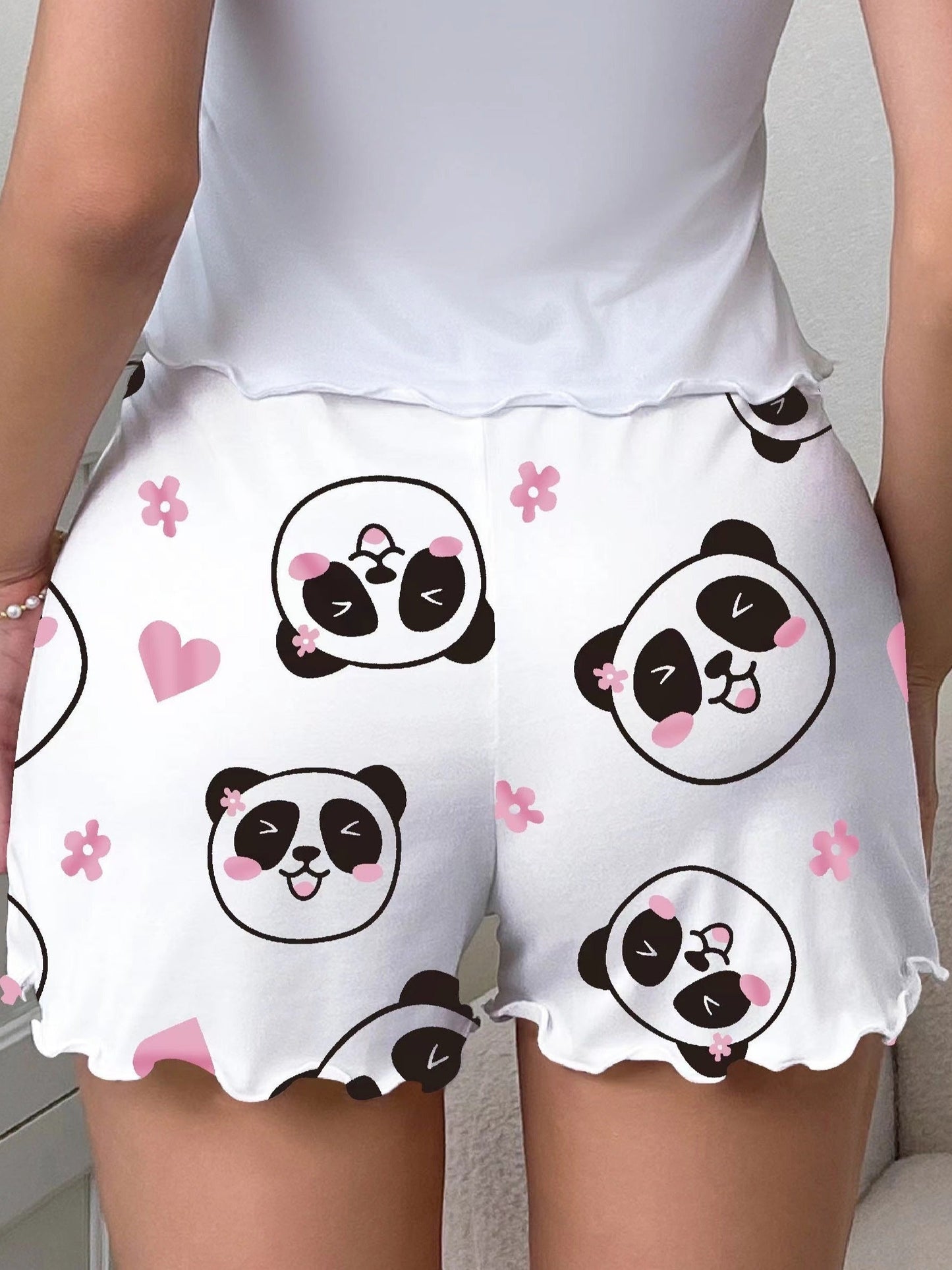 Damen Schlafshorts mit Panda-Motiv und Schleife – Süße Pyjamashorts für gemütliche Nächte