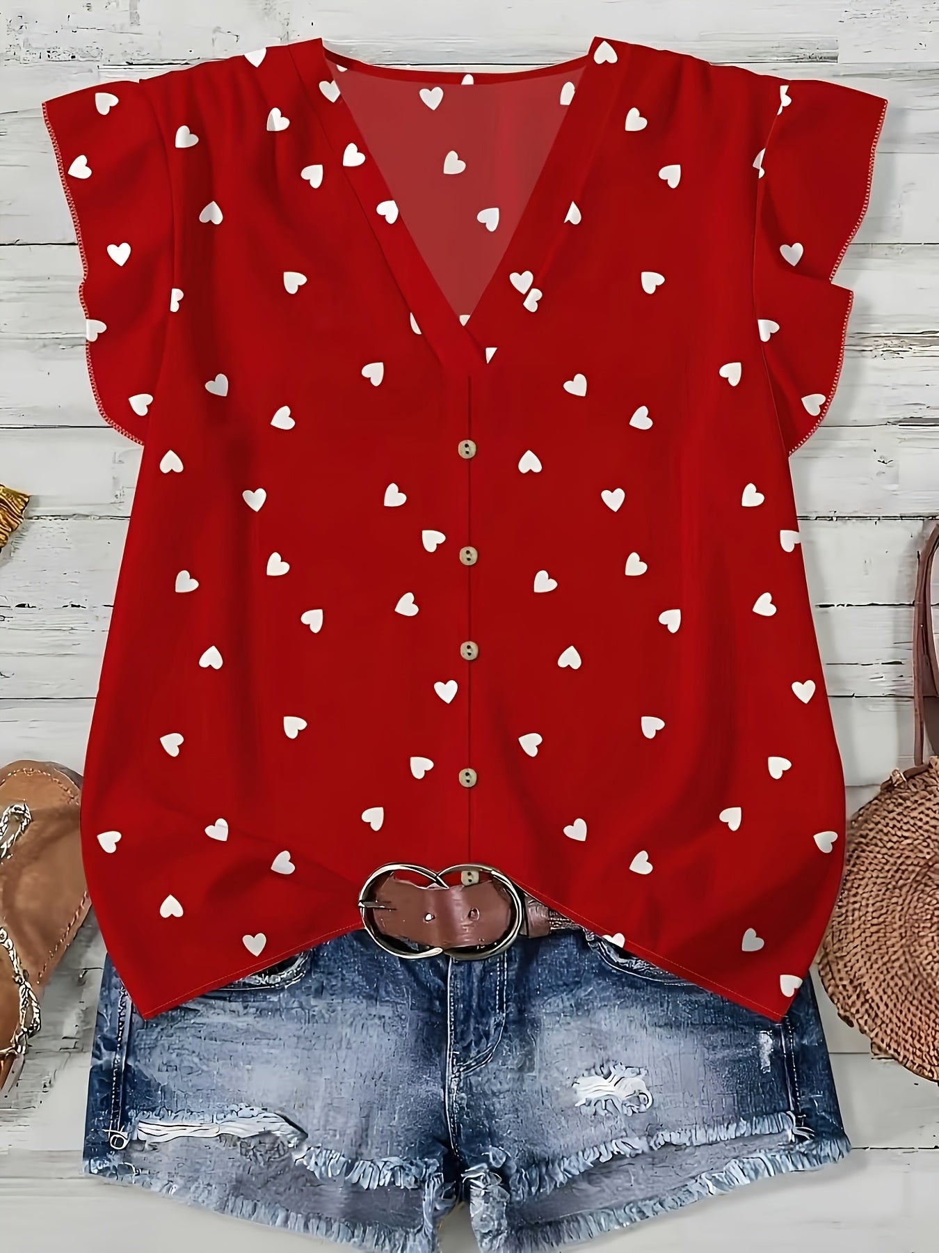 Damen Sommer Bluse mit Herzmuster und Knopfleiste – Verspielte Freizeitmode für den Alltag