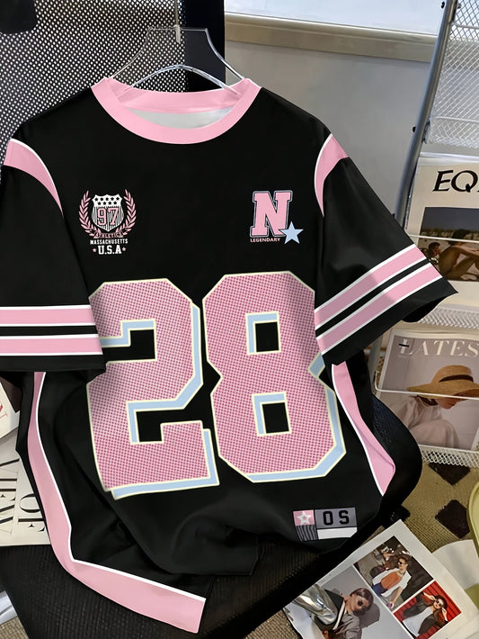 Damen Preppy Style Jersey T-Shirt mit Nummer 28 und sportlichem Design für Freizeit und Streetwear