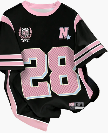 Damen Preppy Style Jersey T-Shirt mit Nummer 28 und sportlichem Design für Freizeit und Streetwear
